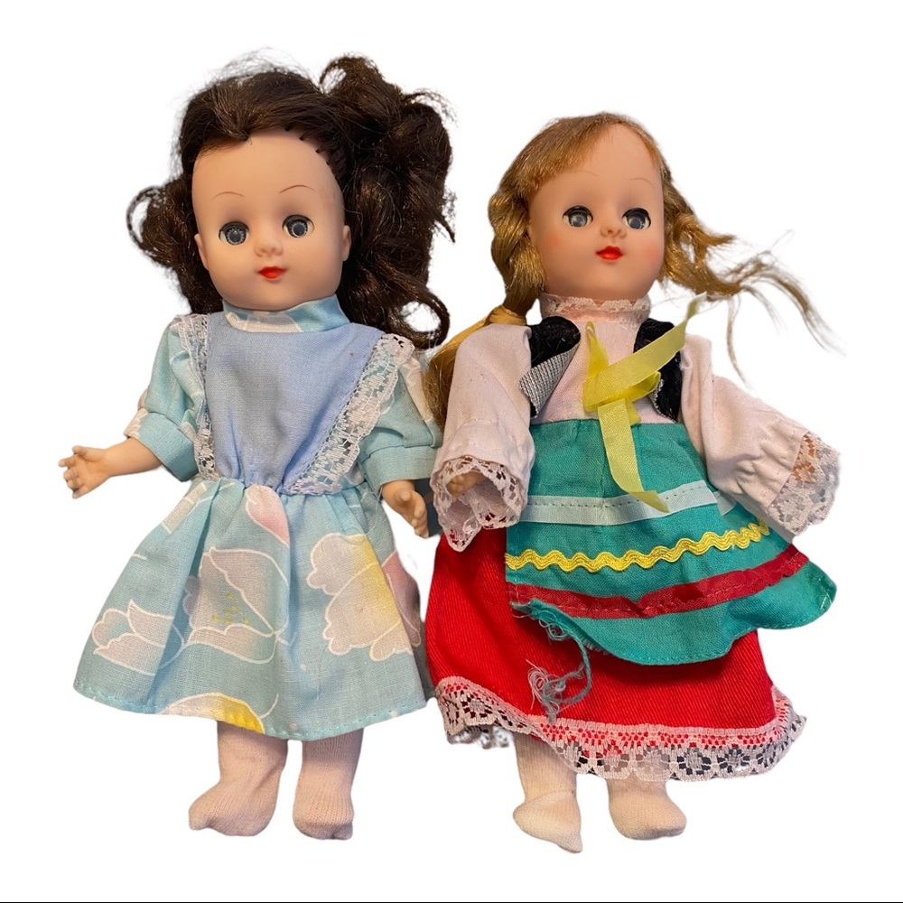 Vintage Lot Of 2 Symbol Of Quality 8" Dolls #7013 Sleeper Eyes Blonde Brunette
